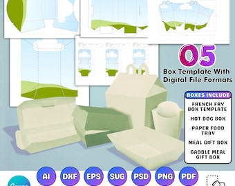 Paquete de plantillas para cajas de comida: caja para papas fritas, caja para hot dogs, plantilla para bandeja de comida, caja de regalo tipo gable, caja de comida en formato SVG, plantilla para Canva