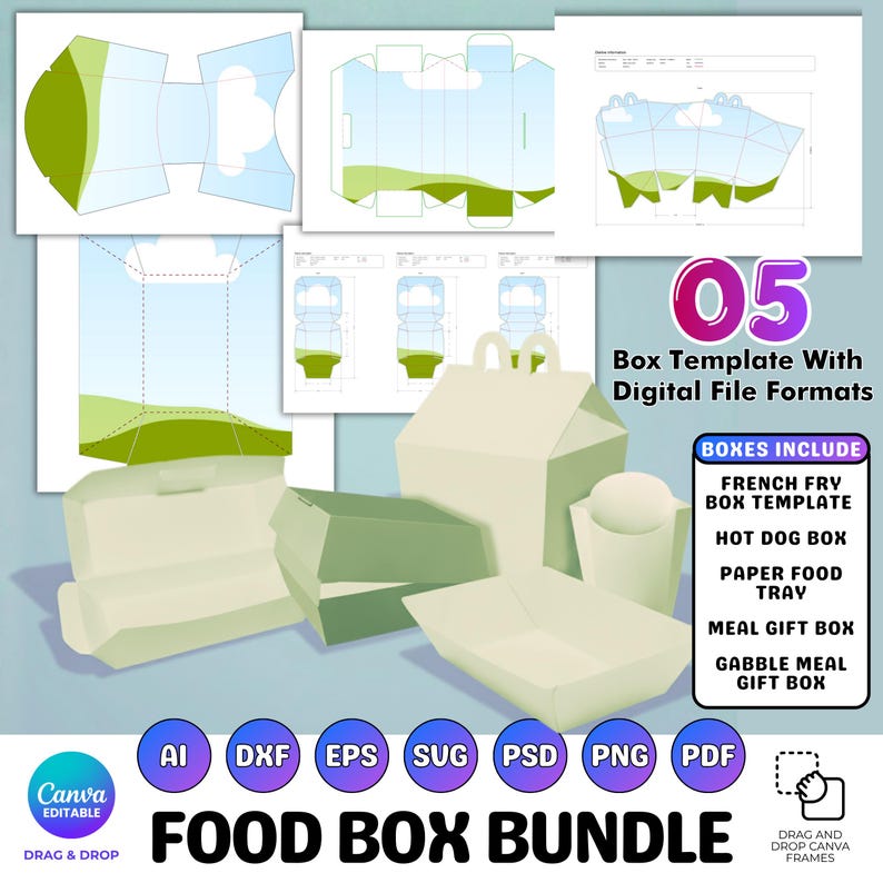 May include: A collection of food box templates, including designs for French fries, hot dogs, and meals. The image displays digital file formats and the text "FOOD BOX BUNDLE" with a purple "05" in a circle.