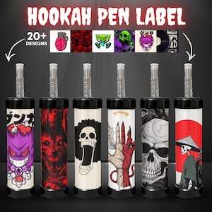 May include: Six cylindrical hookah pens with clear mouthpieces and black caps, featuring various graphic designs including a purple creature, red abstract patterns, a skull, a split hand, a detailed skull, and a skeleton with a sword and red circle.