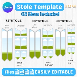 May include: A digital Canva template for stoles, featuring three sizes: 72-inch, 60-inch, and 50-inch. Each size includes one-piece and layered options. The design is easily editable and comes in PDF, JPG, PNG, and SVG file formats. The template is designed to work 100%.