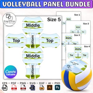 May include: A volleyball panel bundle with various sizes and designs. The main image shows a size 5 panel layout with labels like "Top", "Middle", and "Bottom". A finished volleyball is also shown. The text "VOLLEYBALL PANEL BUNDLE" is at the top.