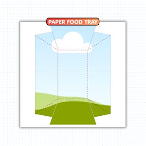 May include: A white paper food tray design with a sky and landscape illustration. The tray features a blue sky with a white cloud, green hills, and the text "PAPER FOOD TRAY" in a red banner.