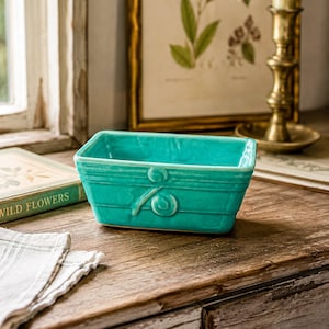 Vintage Aqua Crackle Glaze Rectangular Planter – Raised Scroll Design USA Art Pottery