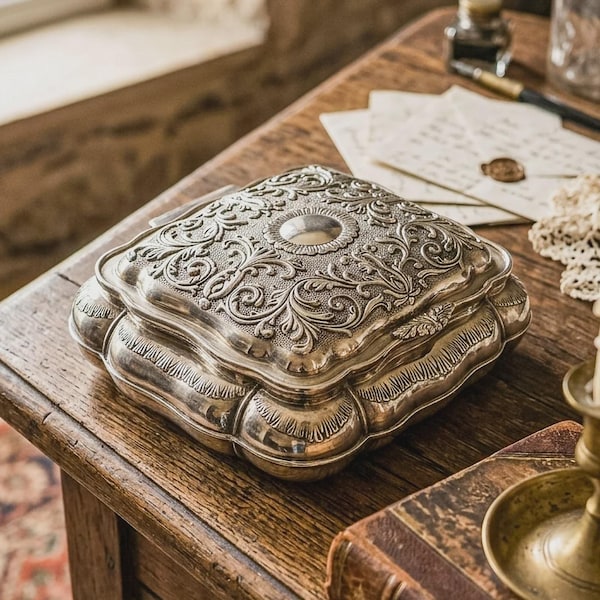 Vintage Ornate Silverplate Jewelry Casket Box | Red Velvet Lined Keepsake Vanity Box