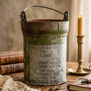 May include: A vintage metal bucket with a handle, painted in olive green and gray, with text including "125 mm GU" and "FUSE 120". The bucket sits on a wooden surface with a candle and books.