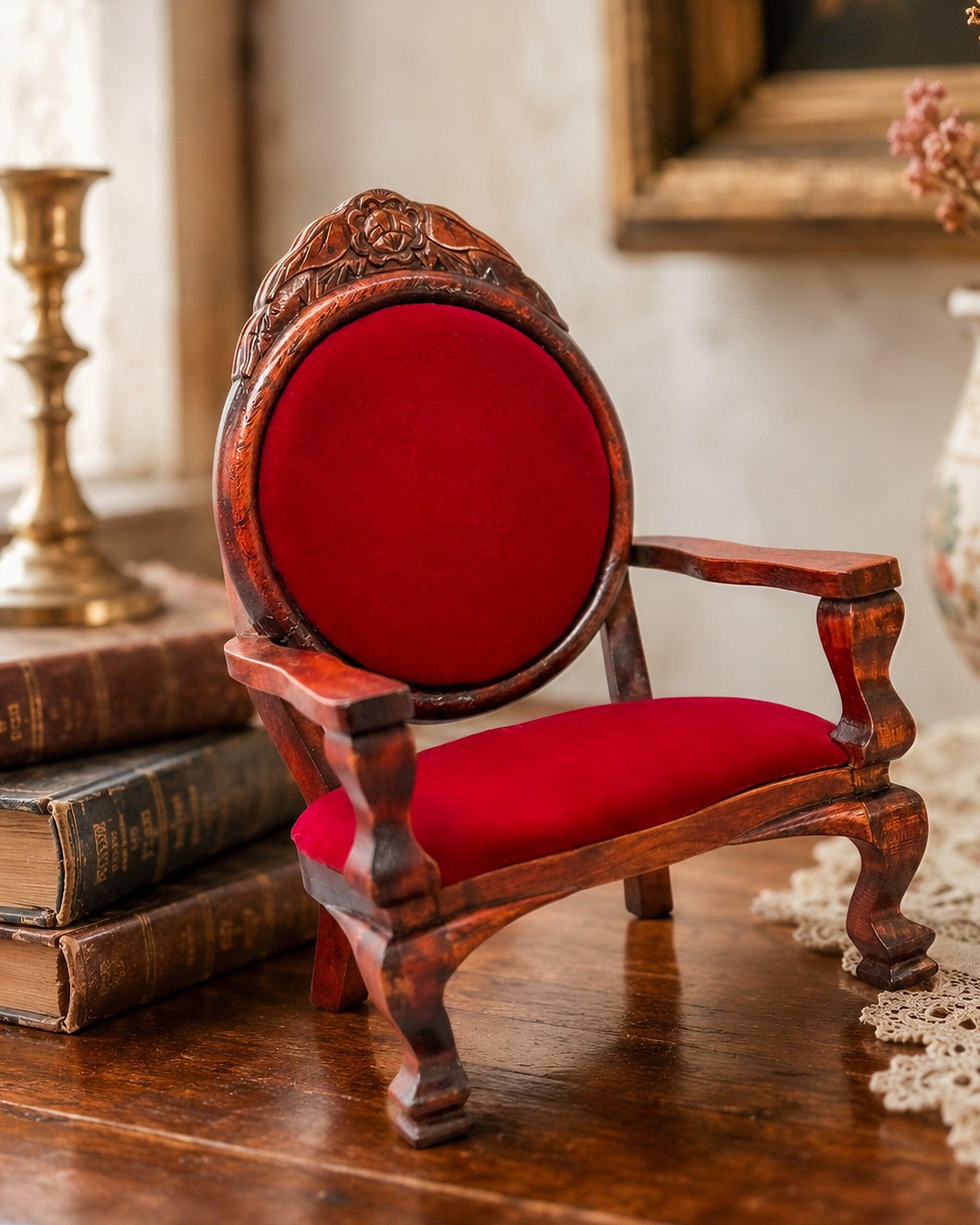 Dollhouse Miniature Wooden Victorian Arm Chair with Red Upholstery