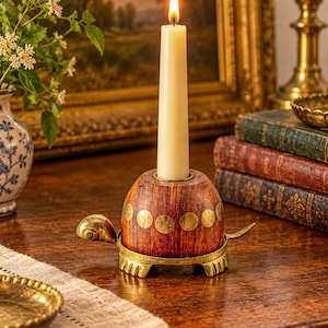 Vintage Turtle Candle Holder with Wooden Shell and Brass Accents