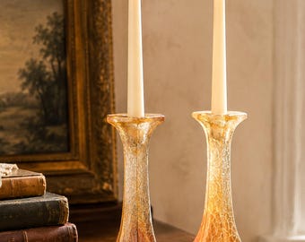 Vintage Marigold Carnival Glass Candlestick Holders with Crackle Texture, Hexagonal Base, Sold as a Pair