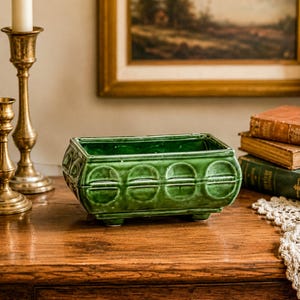 Vintage Cookson Pottery No. 557 Forest Green Rectangular Window Box Planter with Inset Oval Design