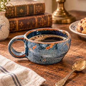 May include: A wide, low-profile ceramic mug with a thick handle, featuring a mottled blue and grey glaze with rustic, burnt-orange accents along the rim and textured surface. The mug is filled with dark coffee, showcasing a deep, uneven finish.
