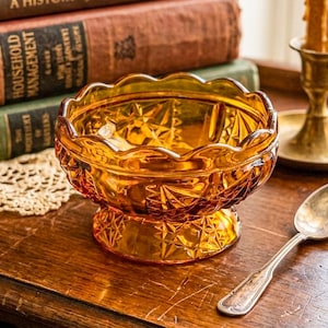 May include: Amber-colored glass candy dish with a scalloped rim and diamond pattern. The dish sits on a pedestal base and is next to a silver spoon. Antique books are in the background.