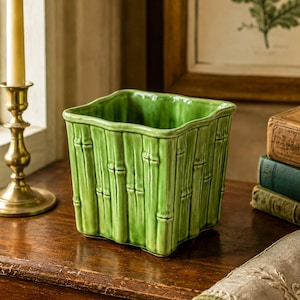 Shawnee Pottery Bamboo Jardiniere Planter In Celadon Green, Square Vase Stamped Usa 4055