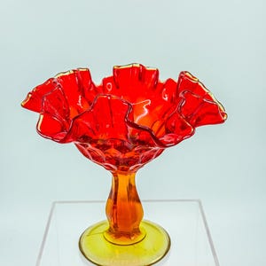 Fenton Amberina Glass Ruffled Compote – Thumbprint Pattern, Ruby to Amber, 1960s–70s