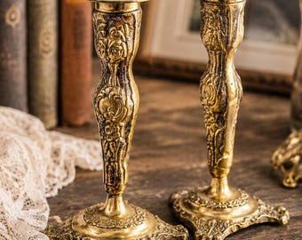 Vintage Brass Candlestick Holders — Ornate Repousse Floral Pair