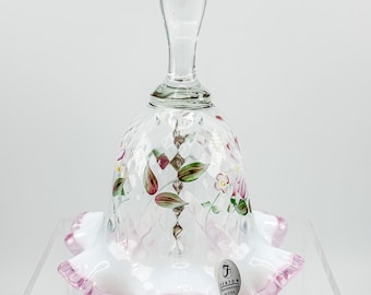 Fenton Glass Bell – Optic with Cranberry Edge, Hand Painted & Signed