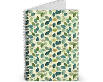Spiral Notebook - Ruled Line - Green Blue Leaf Print