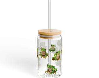 Green Tree Frog Sipper Glass: Eco-Friendly Tritan Straw, Bamboo Lid