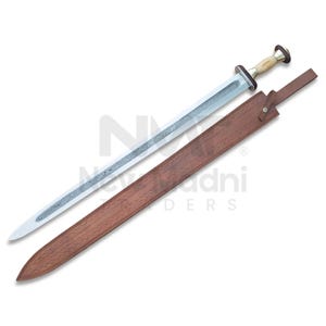 May include: A silver sword with a brown leather scabbard. The sword has a decorative handle with a white bone-like material and a gold-colored pommel.