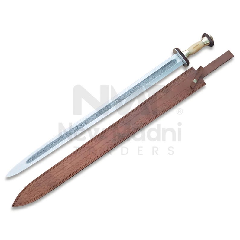 May include: A silver sword with a brown leather scabbard. The sword has a decorative handle with a white bone-like material and a gold-colored pommel.