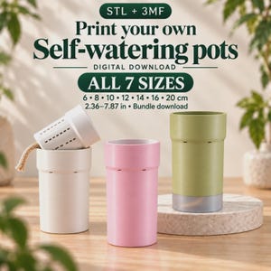 Paquete de archivos STL y 3MF para macetas con autorriego – 5 tamaños, de 6 a 14 cm / 2,56 a 7,87 pulgadas, descarga digital.