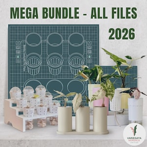 May include: A digital file bundle labeled MEGA BUNDLE - ALL FILES 2026 featuring a dark green grid pattern with white outlines of cylindrical plant pots. Below are physical white tiered stands holding small clear plastic pots and beige cylinders.