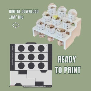 May include: A white tiered display holding small white cups with clear lids, filled with plants. The text "DIGITAL DOWNLOAD .3MF file" and "READY TO PRINT" are visible. A black and grey PE plate is in the foreground.