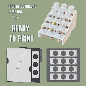 Könnte beinhalten: Ein weißer, gestufter Präsentationsständer mit kleinen Bechern mit durchsichtigen Deckeln, gefüllt mit Pflanzen. Das Bild enthält den Text "DIGITAL DOWNLOAD .3MF file" und "READY TO PRINT". Zusätzliche 3D-Druckkomponenten sind abgebildet.