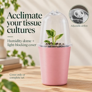 Può includere: Un vaso per piante rosa con una copertura trasparente a cupola per l'umidità contenente una piccola pianta. Il testo recita: Acclimate your tissue cultures, Humidity dome + light-blocking cover, Adjustable airflow, e Cover only or complete set.