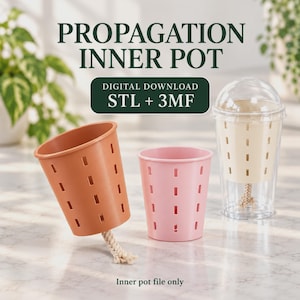 May include: A digital download file for a propagation inner pot, featuring STL and 3MF formats. The image displays a terracotta-coloured pot, a pink pot, and a cream-coloured pot inside a clear cup, all with rectangular ventilation slots and wicks.