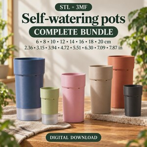Bundle Self-Watering Pot STL & 3MF – 5 Sizes, 6–14cm / 2.56-7.87in, Digital Download
