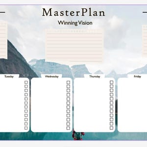 Puede incluir: Un planificador semanal con un fondo de paisaje de montaña. El planificador incluye secciones para influyentes clave, visión ganadora, lema de la semana y tareas diarias. Cada día tiene una sección para tareas y un espacio para notas.