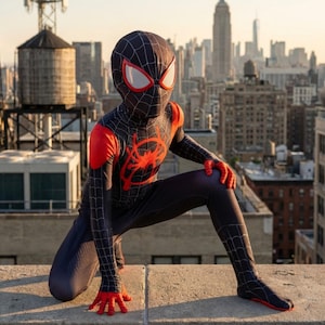 May include: A person wearing a black and red Spider-Man costume, kneeling on a rooftop with a cityscape in the background. The costume features a spider emblem and web detailing. The red accents include the shoulders, hands, and eye frames.