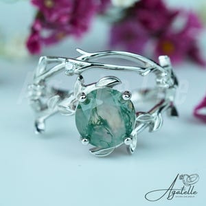Adjustable Moss Agate Leaf Ring: Sterling Silver Branch Design