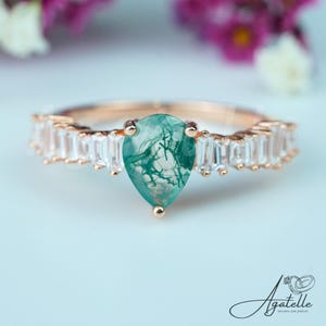 Moss Agate Teardrop Ring: 925 Rose Gold, Baguette CZ Accents
