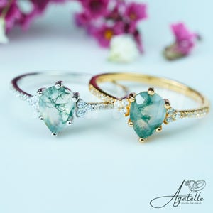 Pear Moss Agate Ring: Sterling Silver or 18K Gold, Pave Accents