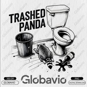 May include: Monochrome illustration of a raccoon in a bathroom with a toilet, bin, and spilled bottle. The text "Trashed Panda" is above the scene. Digital download.