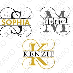 Op de afbeelding: Drie monogramontwerpen met namen. De eerste heeft een zwarte 'S' met 'Sophia' in goud. De tweede heeft een grijze 'M' met 'Mitchell' in zwart. De derde heeft een gouden 'K' met 'Kenzie' in zwart, allemaal met decoratieve krullen.