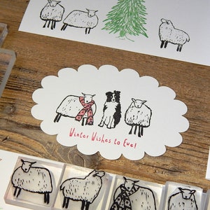 Winter Sheep and Sheepdog - Christmas Stamps - Winter Scene - Sheep - Fir Tree - Spruce - Holiday Stamp - Christmas Card Rubber Stamps
