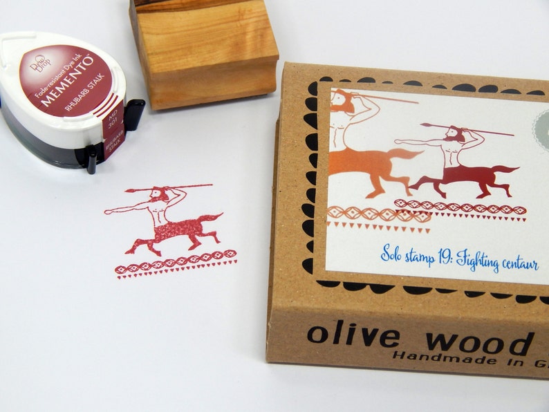 Fighting Centaur Boxed Greece Inspired Olive Wood Stamp and Ink Pad