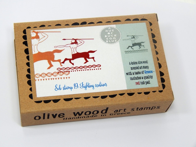 Fighting Centaur Boxed Greece Inspired Olive Wood Stamp and Ink Pad
