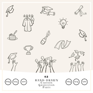 Hand Drawn Graduation SVG Bundle, Celebration SVG, Handdrawn Doodle Graduation Cap Clipart, University or high school Grad Party Invitation