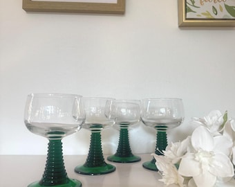 Vintage Set of 4 Roemer Wine Glasses - 0.2L Capacity - Green Beehive/Ribbed Stems