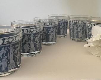 Vintage Jeannette Glass Company Blue Tumblers Set of 6, Mid Century Drinking Glasses, Corinthian Blue Pattern, Retro Barware, Collectable