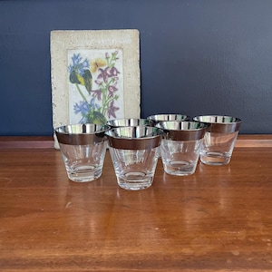 Set of 6 Vintage Dorothy Thorpe Style MCM Silver Rimmed Double Whiskey Glasses