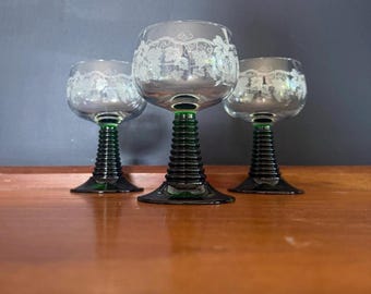 Set of 3 Vintage Luminarc Green Beehive Stem Wine Glasses