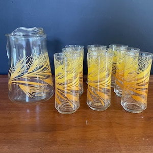 Vintage Libbey Golden Harvest Wheat Pitcher and Tall Iced Tea Tumbler Glasses (SOLD SEPARATLY)