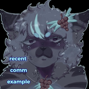 May include: A digital illustration of a grey, furry creature with large ears, dark eyes, and a light blue streak in its hair. The character features grape clusters as hair accessories and the text "recent comm example" in light blue on the left side.