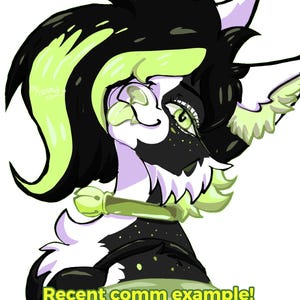May include: A digital illustration of a stylized anthropomorphic character with black and white fur, accented with lime green. The character has large green eyes and the text "Recent comm example!" is visible.