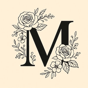 Letra M do Monograma Floral PNG – Clipart do Alfabeto Botânico – Arquivo de Corte Cricut para Decoração de Casamento, Camisetas, Arte de Parede