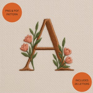 Padrão de bordado de alfabeto, padrão de bordado de letras florais, bordado à mão faça você mesmo, arte de parede faça você mesmo, alfabeto floral, ponto cruz de monograma